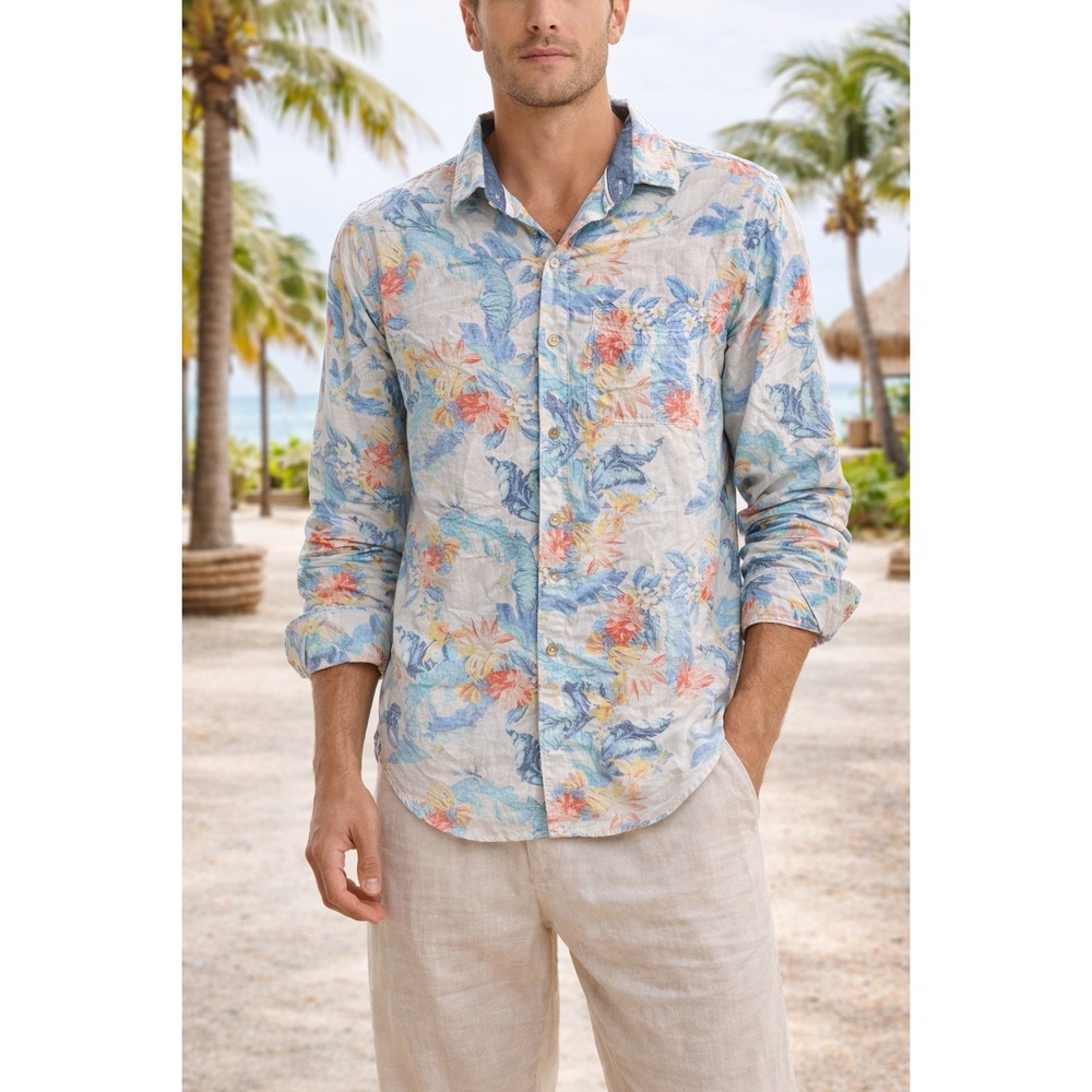 Tommy Bahama Coastline Cord Shirt Medium Tropical Floral Resort Long Sleeve